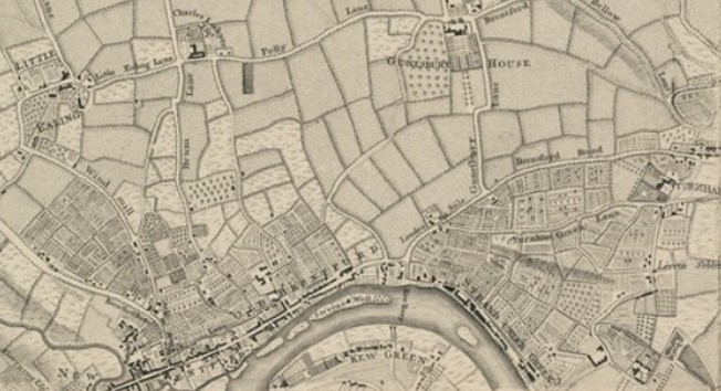 SOTG_SandH's tweet photo. It all starts with a map.  Strand on the Green on the 1745 John Rocque map entitled "An Exact Survey of the citys of London Westminster ye Borough of Southwark and the Country near ten miles round". https://t.co/8R6pLjnx5B