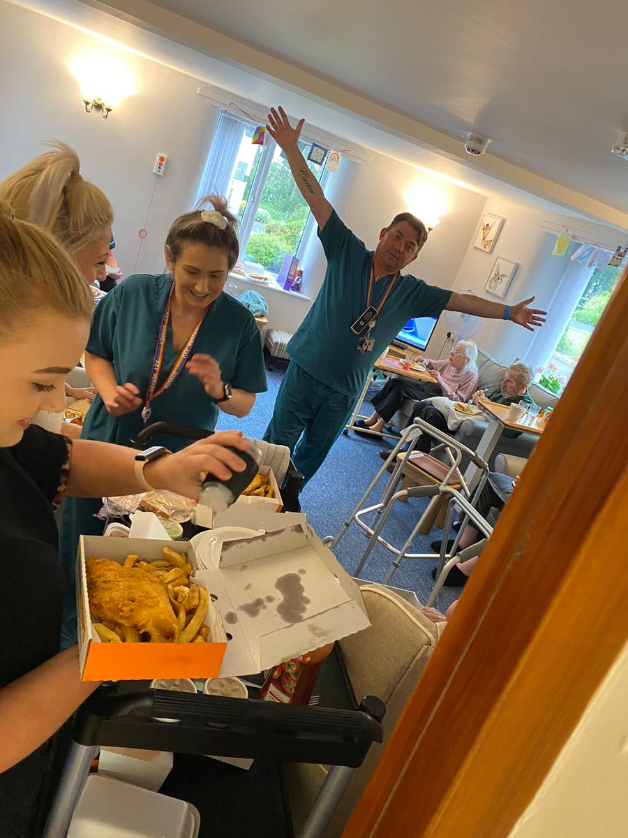 DoddingtonLodge's tweet photo. Our #CarerWeek surprise today was delicious Fish &amp; Chips. Thank you to Luke, Anita &amp; Cassie for our wonderful treats. Also, a big thank you to MiMi's PLACE we've all really enjoyed them. #Fish #Chips #Treat https://t.co/7aG02Mzbpf