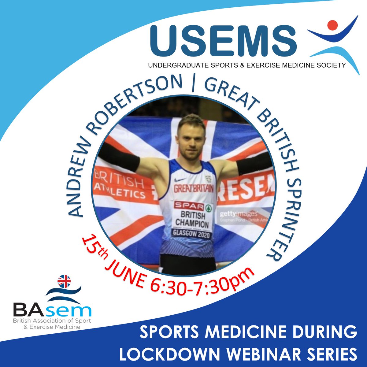 USEMS SPORTS MEDICINE DURING LOCKDOWN WEBINAR 

🥇 1st in a series 

👟 Andrew Robertson | Street Training During Lockdown 

📆 15th June 2020 | 18:30-19:30

💻 Register on Zoom - limited tickets available

Link in the comments below 

<a href="/arobertson100/">Andy Robertson</a> #USEMS2020#Sportsmedicine