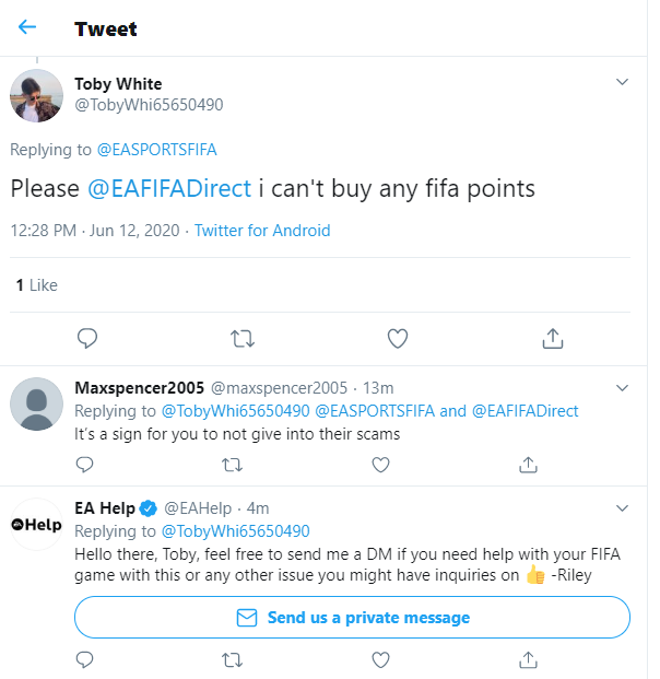 Colin97HD's tweet photo. I've never seen EA Help comment on any complaints of the fifa players, someone says they can't spend money on the game and they comment straight away. Shows EA's true nature. @EASPORTSFIFA @EAFIFADirect #Thugs #Crooks #EAids #worstCompanyInTheWorld https://t.co/MF6bRRTXb4