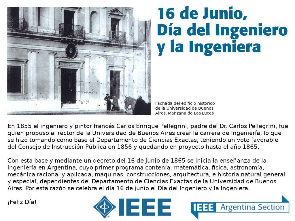 Hoy es 16 de junio… ¡Feliz Día del Ingeniero y la Ingeniera! 🥳🇦🇷 Se celebra en conmemoración de la creación de la carrera de Ingeniería, lo que se hizo tomando como base el Departamento de Ciencias Exactas de la Universidad de Buenos Aires en el año 1865
