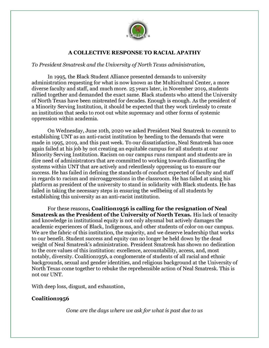 UNTSGA's tweet photo. @UNTPrez A Collective Response to Racial Apathy at the University of North Texas #Coalition1956 #BlackLivesMatter https://t.co/CoF2ViVfW9