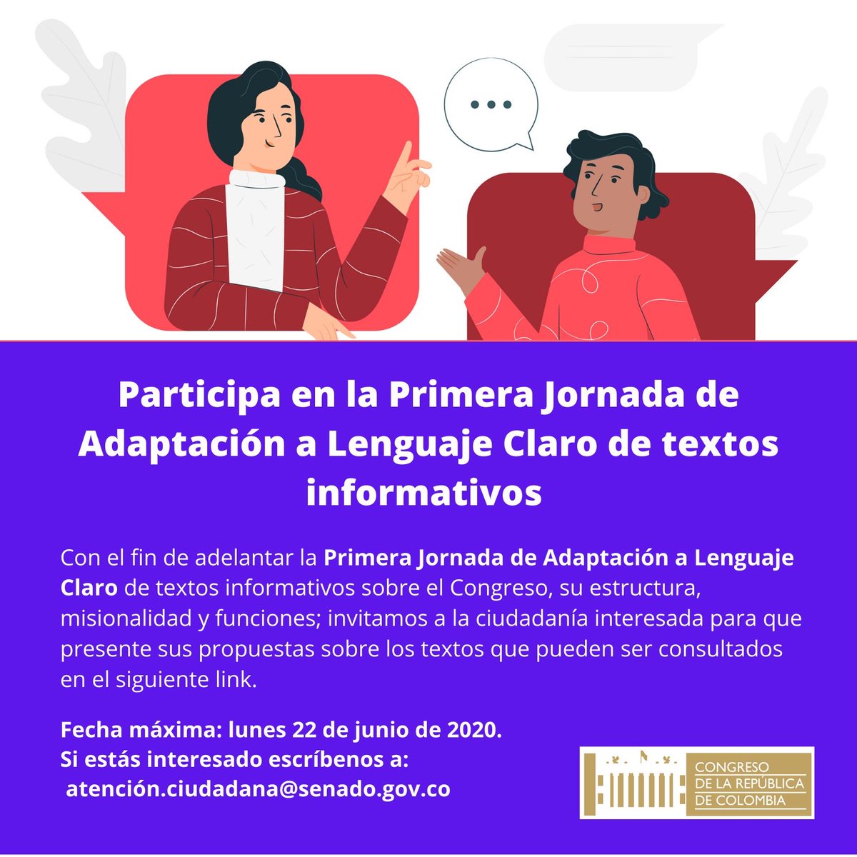 SenadoGovCo's tweet photo. #EventosSenado | Te invitamos a participar en la "Primera Jornada de Adaptación a Lenguaje Claro de textos informativos sobre el Congreso de la República, su estructura, misión y funciones”. Más información en el siguiente enlace 👉🏼 https://t.co/NoWYIPDcrq https://t.co/wmi3UFfQMf