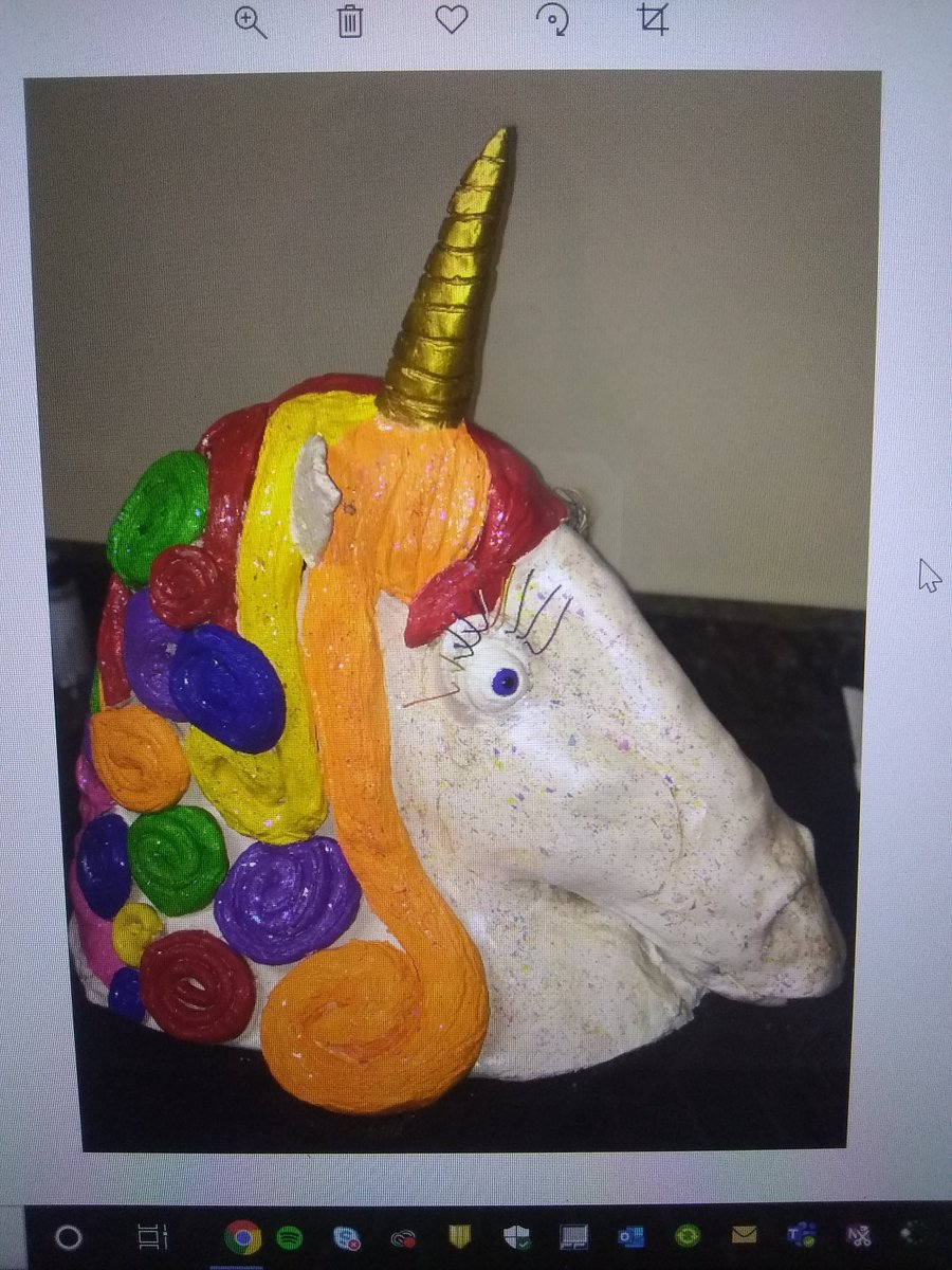 HSartWaterloo's tweet photo. Tia Parmalee completed her ceramic unicorn at home! It is fabulous! #ceramics #covid2020 https://t.co/4qqHqylOaf