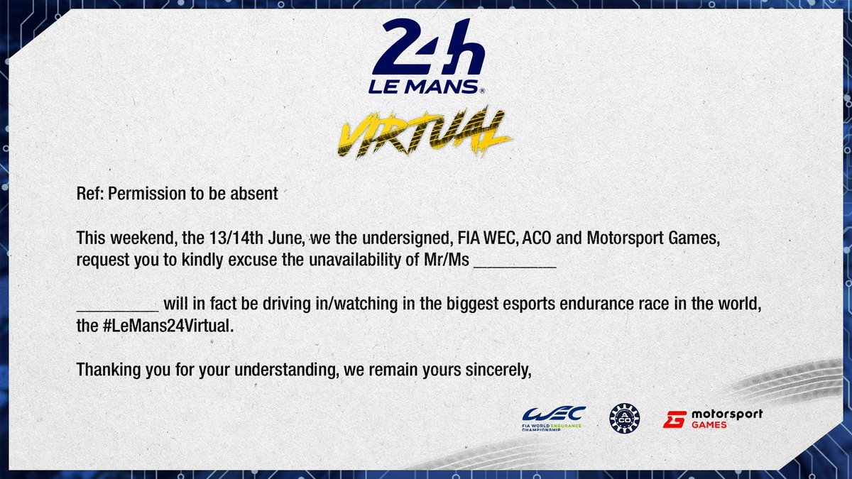 FIAWEC's tweet photo. To all our fans and drivers who might need this tomorrow...

PS: @Charles_Leclerc, could you please get this signed by your girlfriend...😅

#WEC #LeMans24Virtual https://t.co/SAQhzGZveR