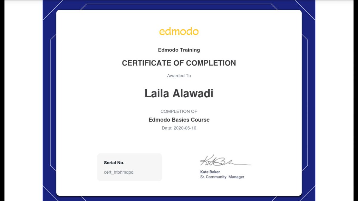alawadi_laila's tweet photo. بفضل الله وتوفيقه
شهادة جديدة من edmodo عن اساسيات البرنامج.
@MicrosoftEDU @MSAUedu
@microsoftgulf @mieexpert
@MicrosoftTeams @Microsoft
#EdmodoBasicscourse @edmodo #edmodo https://t.co/VebST16NI9