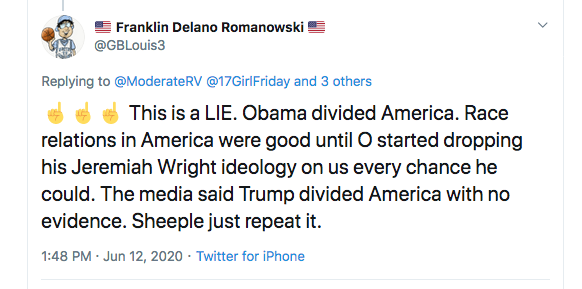 ModerateRV's tweet photo. so this guy actually replied to me that Obama caused the racial divide in America and that race relations in America were "good" prior.....WOW......

#BlackLivesMatter 
#Obama 
#EndTrumpsWarOnAmerica 
#WhitePrivilege https://t.co/nyllpJpPbi