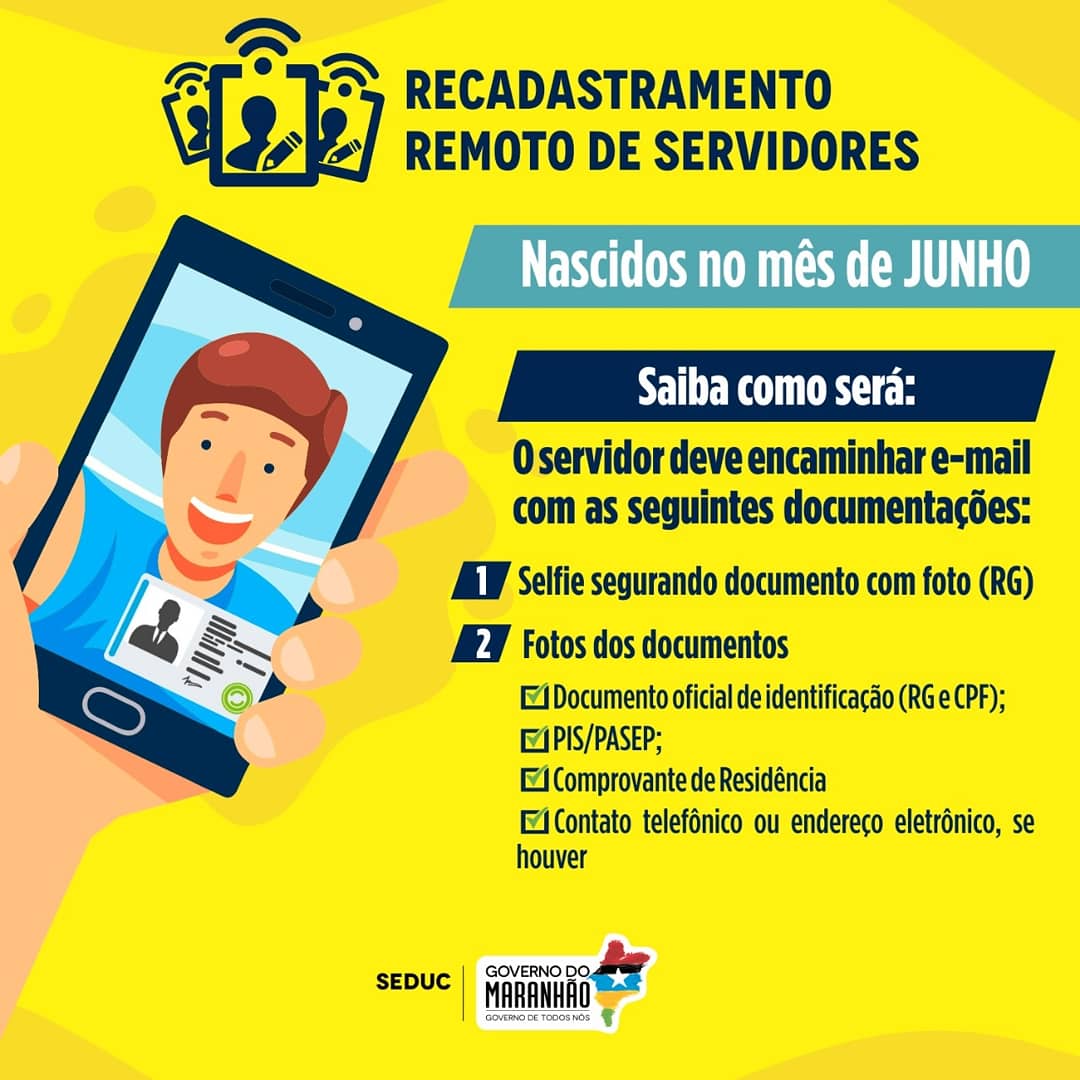 EducacaoMA's tweet image. Recadastramento remoto | Atenção, servidores da Seduc que nasceram no mês de JUNHO⁣

⁣Como forma de evitar aglomerações, o seu recadastramento obrigatório será realizado de forma remota, por e-mail. Não se esqueça de mandar também as fotos de toda a documentação solicitada. ⁣