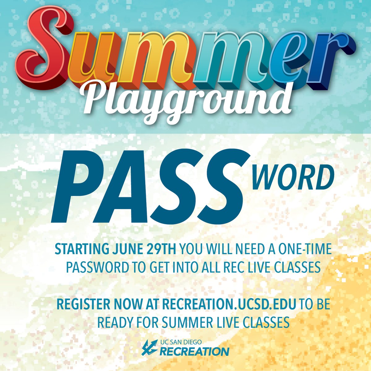 UCSDrec's tweet photo. School might be out but the Playground is still OPEN! Recreation has a full line up of summer classes June 29-Sept 4th, as well as Interim classes happening now until June 28th. You will need to get a one time Playground password starting 6/29, details:

https://t.co/QRRWnVzFcg https://t.co/iioMuxHOtm