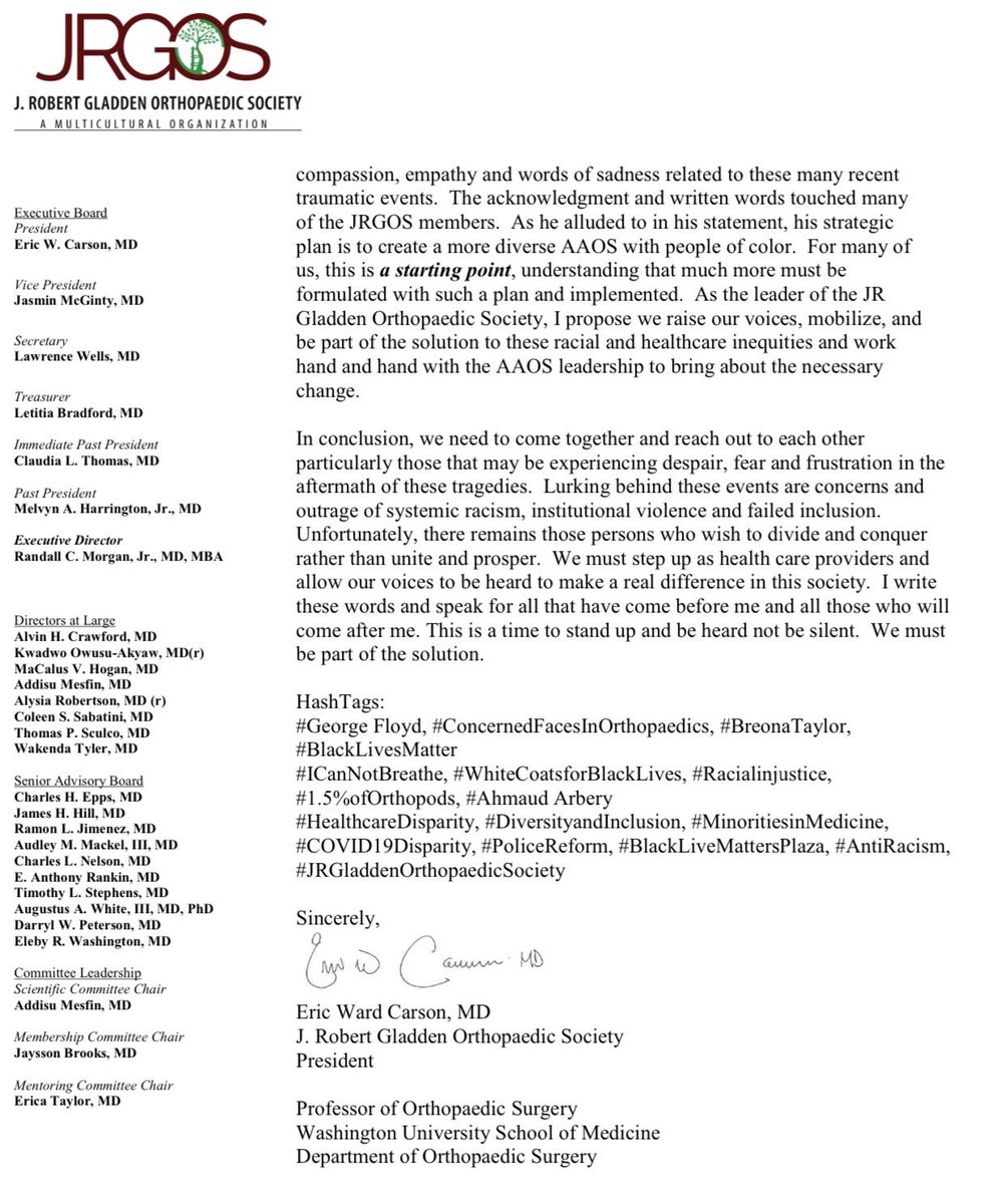 #BlackLivesMatter to the JRGladden Society @AAOS1 @AAOSmembers @AAOSAdvocacy @NationalMedAssn @RJOSociety @AALOSorg @aoa1887 @mymomthesurgeon @_NancyMD #GeorgeFloyd #BreonnaTaylor #AhmaudArbery #ICantBreathe #WhiteCoatsForBlackLives #COVID19Disparity #PoliceReform #AntiRacism