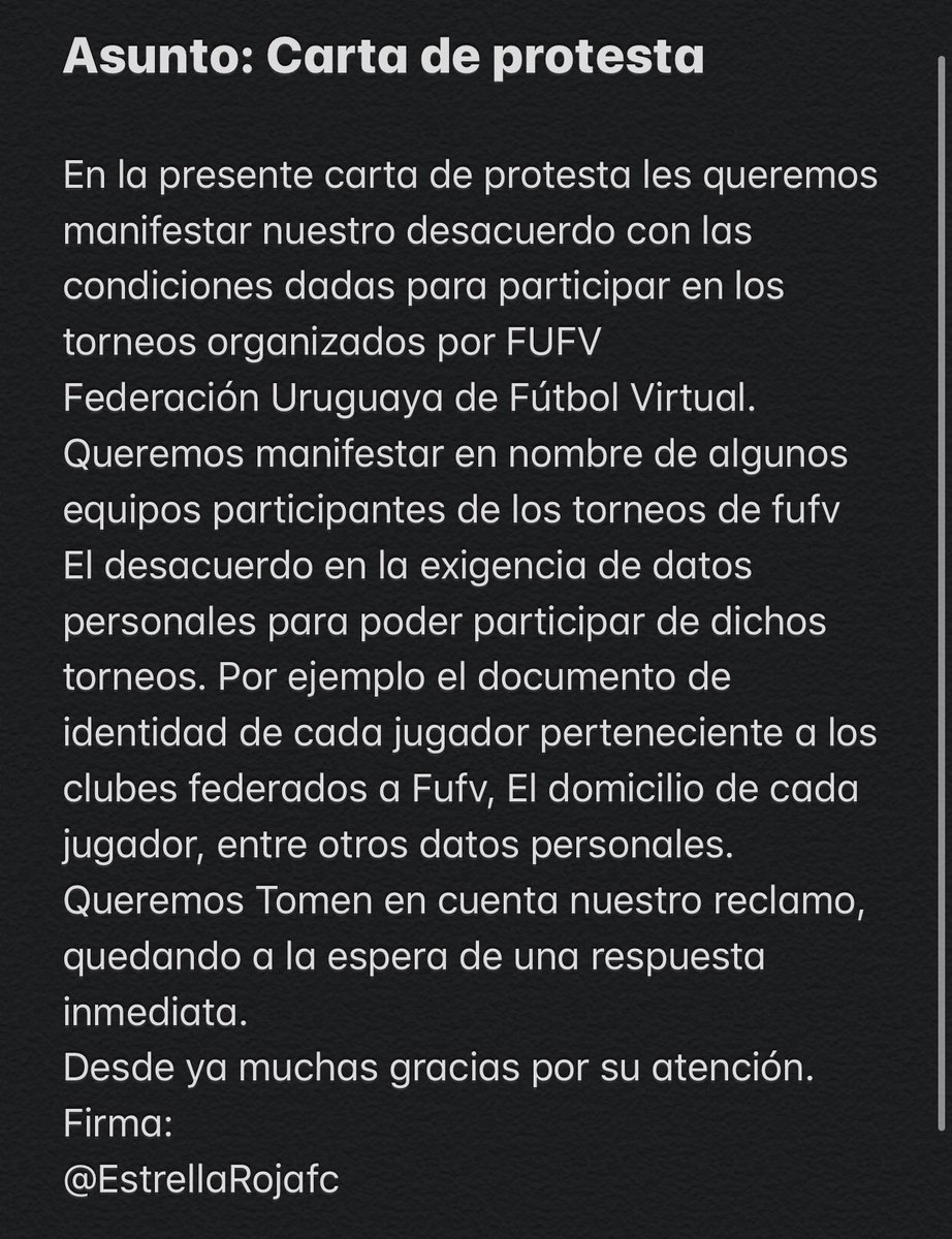 Estrella_rojafc's tweet image. Carta de Protesta: 
Gracias al apoyo de todos los clubes logramos sacar esta carta como forma de “Protesta” ante el nuevo reglamento de inscripción de @FUFVeSports para participar de dichos torneos.
Agradecemos difusión y su tiempo por la atención!!
♻️🙏🏽⚠️🚨