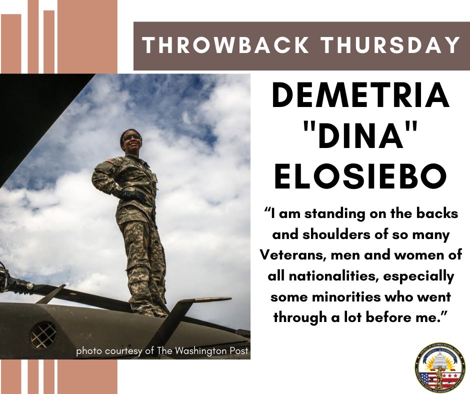 DCGuard1802's tweet photo. In February 2014, Army 1st Lt. Demetria "Dina" Elosiebo became the first African American female pilot in the history of the District of Columbia National Guard. #ThrowbackThursday #tbt #DCStrong #DCNGStrong https://t.co/FxyI5tzpzY