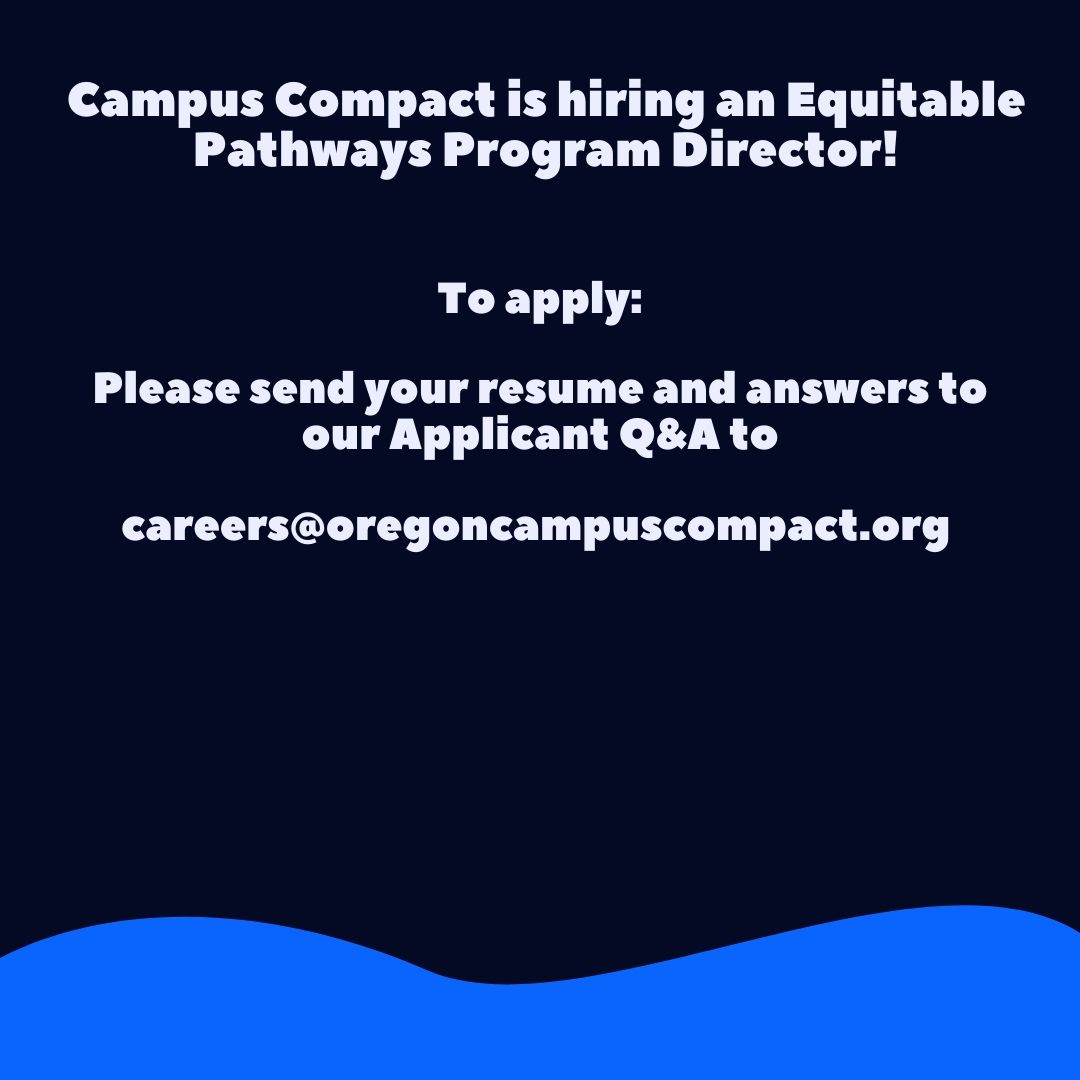 ORCompact's tweet image. We are hiring! Campus Compact is looking to hire an Equitable Pathways Director to work with our team! To apply email your resume and application questions and answers to 

careers@oregoncampuscompact.org

oregoncampuscompact.org/job-board.html