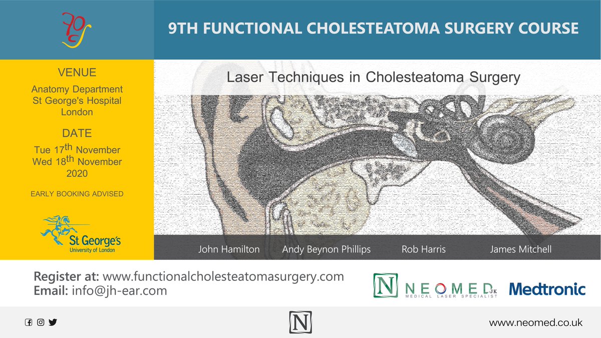 instagram.com/p/CBWSjjhHM2x/
•
10th FUNCTIONAL CHOLESTEATOMA COURSE
•
This course is unique, and offers delegates an opportunity to learn evidence-based modern techniques which maximise cholesteatoma clearance
•
#ENT #Cholesteatoma #MedicalTraining #LaserSurgery