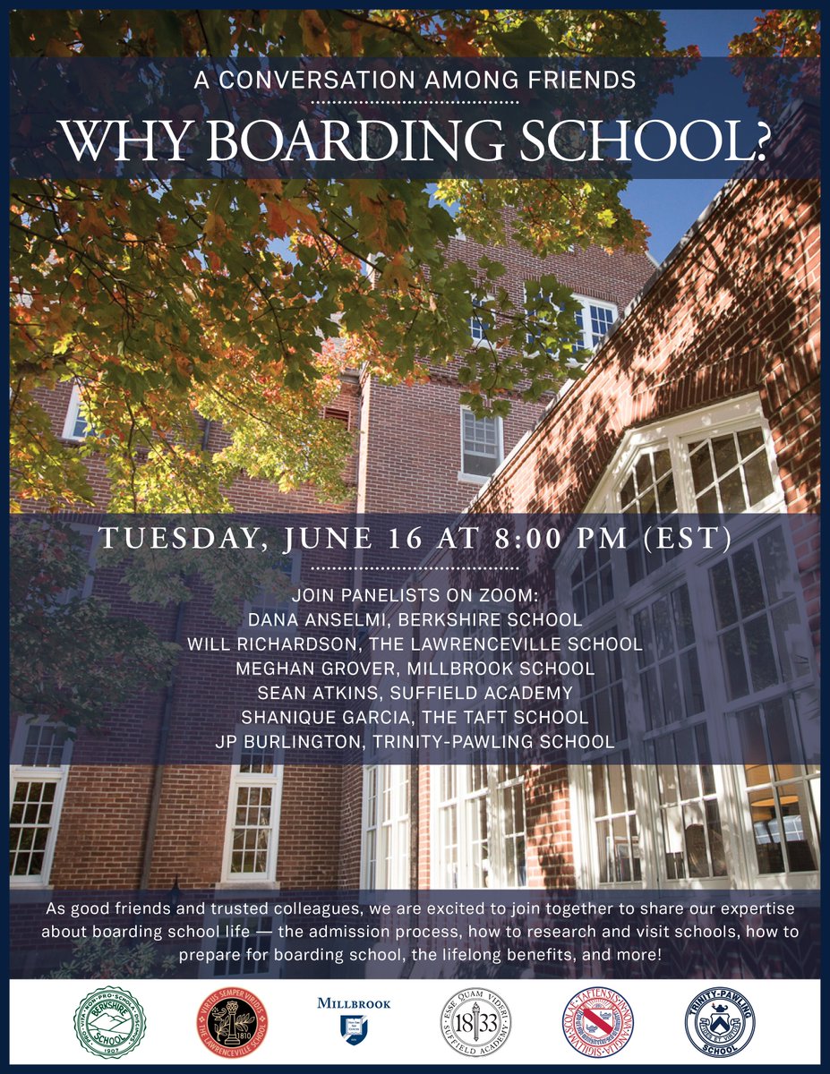 TrinityPawling's tweet photo. Join our Director of Admissions JP Burlington ’95 &amp; colleagues from @BerkshireSchool, @LvilleSchool, @millbrookschool, @SuffieldAcademy, &amp; @TaftSchool for an engaging webinar on the value of boarding school! To register, email: admissions@trinitypawling.org #readyformore https://t.co/ysVUOY0nHS