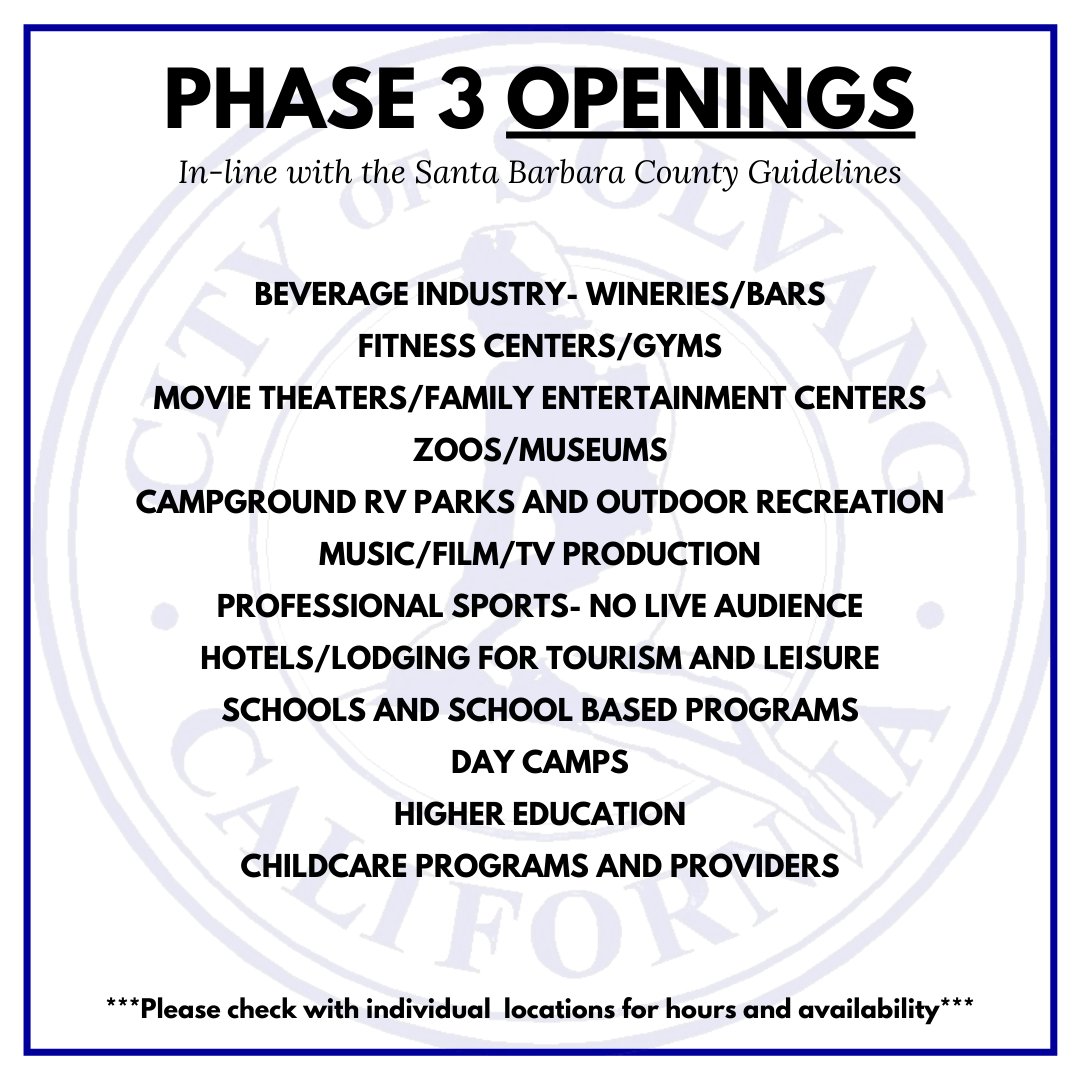 CityofSolvang's tweet photo. As you may have heard, Santa Barbara County, including Solvang, has now moved into Phase 3 of the state's reopening plans. Please view photos for a list of businesses that may now reopen &amp; those that must wait for the next phase.

View more information at https://t.co/oCNTMO3LJk https://t.co/mGFOoOgM46