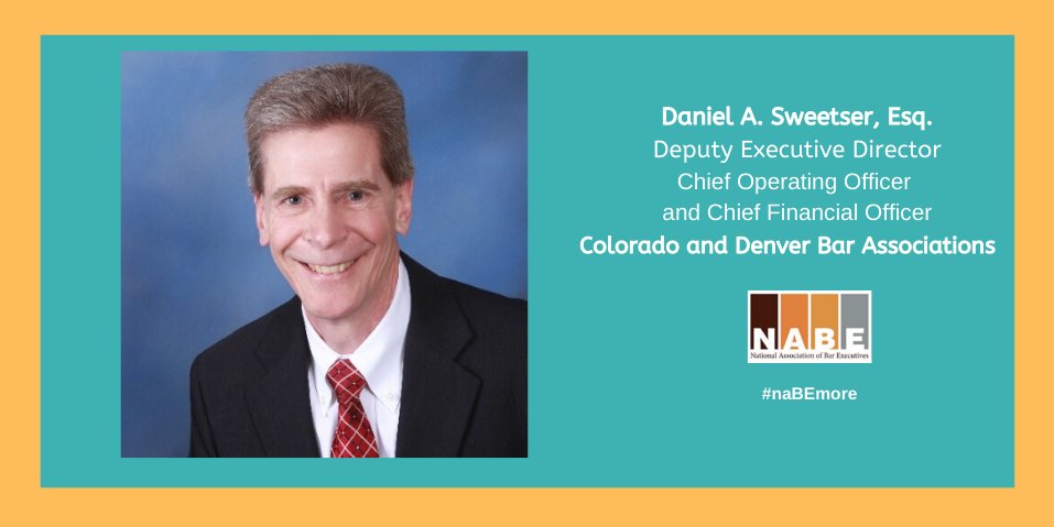 NABE_News's tweet photo. Join us in welcoming Daniel Sweetser, Esq., new Deputy Executive Director, Chief Operating Officer &amp; Chief Financial Officer of the @DenverBarAssoc &amp; @COBarAssoc. We look forward to connecting, Dan! #naBEnetwork #noplacelikeNABE #naBEconnected #naBEmore https://t.co/ZhKiDO8Zr2