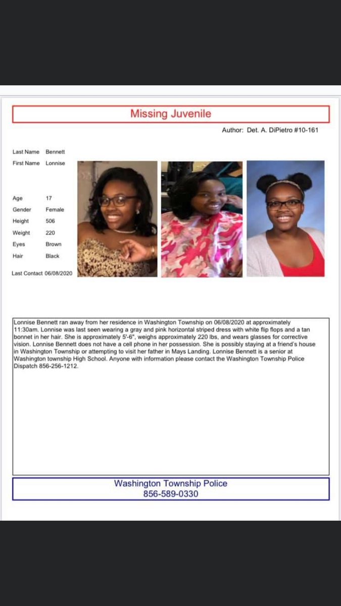 Missing Juvenile Lonnise Bennett.   Please call the Washington Twp. Police Detective Burea if you have any information on her whereabouts.   256-1212 or 589-0330
ANY information is greatly appreciated.