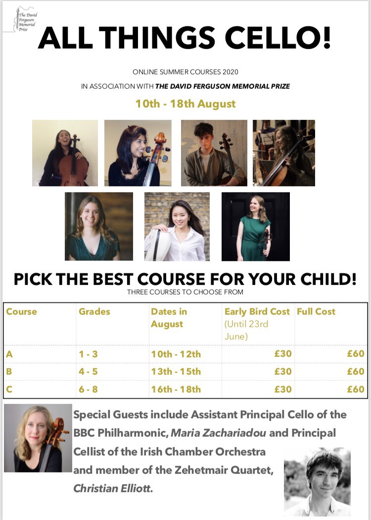 TDFMP's tweet photo. 🤩🎻BIG ANNOUNCEMENT🎻🤩

We are SO EXCITED to announce that from the 10th - 18th of August our newly founded cello course “All Things Cello” in association with The David Ferguson Memorial Prize, will be running online!

📍Early Bird - £30 for every 3 day course‼️

Link in bio🎻 https://t.co/25cCartm3o