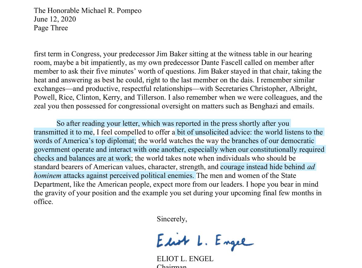 The subtext of the letter to  @SecPompeo BRUTALDon’t overlook the closing paragraph.3 decades in DC & it’s rare to see thisIt’s extraordinary- implication  @StateDept leaked Pompeo’s letter -overt reminder the eyes of the world are on us &  @mikepompeoBulatao LIED to Congress
