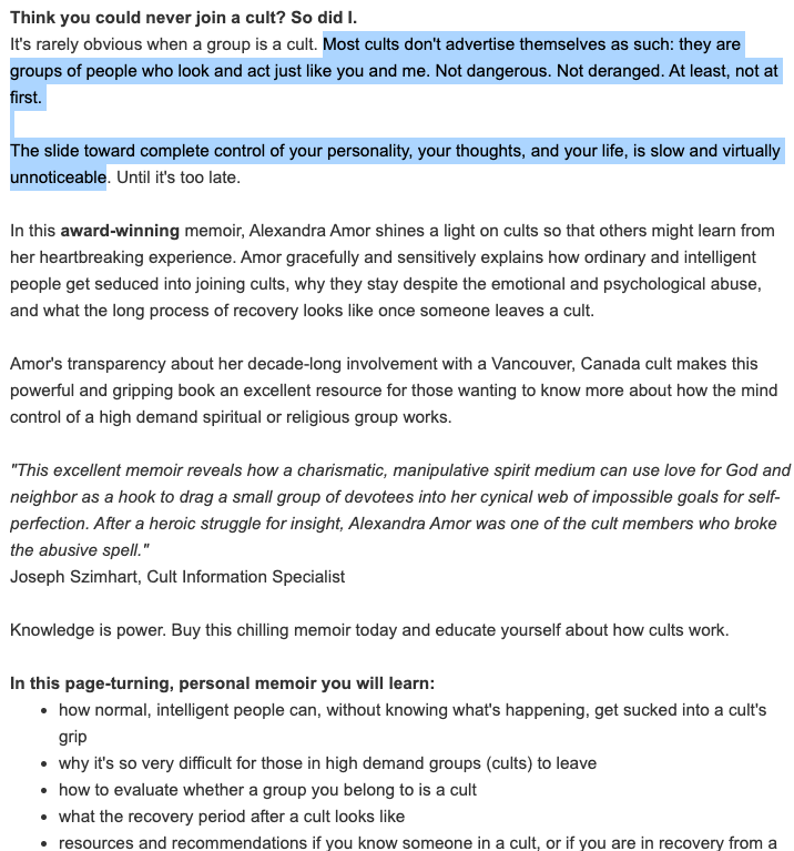 for further reading about this kind of thing, i got some good stuff out of reading alexandra amor's "cult, a love story" (and as you can tell i find the description of it as a love story very apt), would recommend, h/t  @meditationstuff  https://www.amazon.com/Cult-Love-Story-Canadian-Subsequent/dp/0995200653