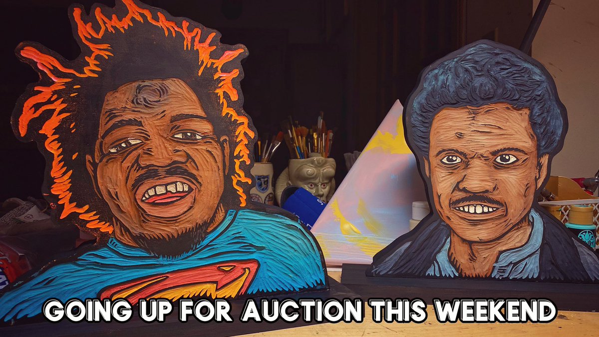 TheBlockwatch's tweet image. Here’s a sneak peak at a couple of pieces I’ll be auctioning off soon. 100% of the money will be going to the ACLU, Fair Fight Action and the Black Voters Matter Fund. Stay tuned for details and share the auctions if you can. #wesleywillis #landocalrissian #fightthepower