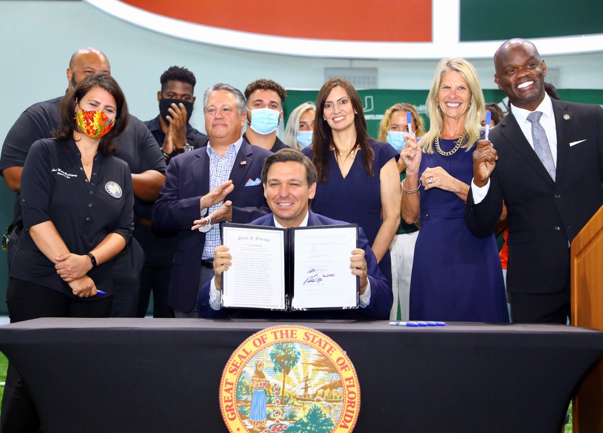 GovRonDeSantis's tweet photo. Today I was proud to sign SB 646: Intercollegiate Athlete Compensation and Rights, which authorizes certain intercollegiate athletes to earn compensation for the use of their names, images or likenesses and was joined by @LtGovNunez @debbie_mayfield @ChipLaMarca & @kionnemcghee. https://t.co/uSBPmScQvs