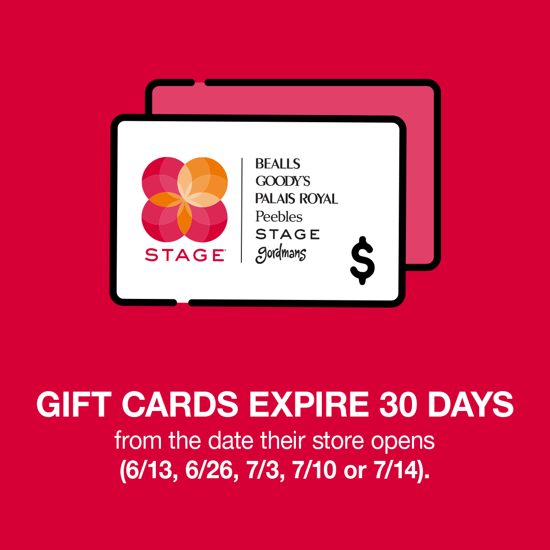 Got gift cards? Hurry in, they will expire 30 days from the date your store opens! Stores hours are 11am – 7pm Mon – Sat. and Noon – 5 pm on Sunday.  Happy Shopping!
