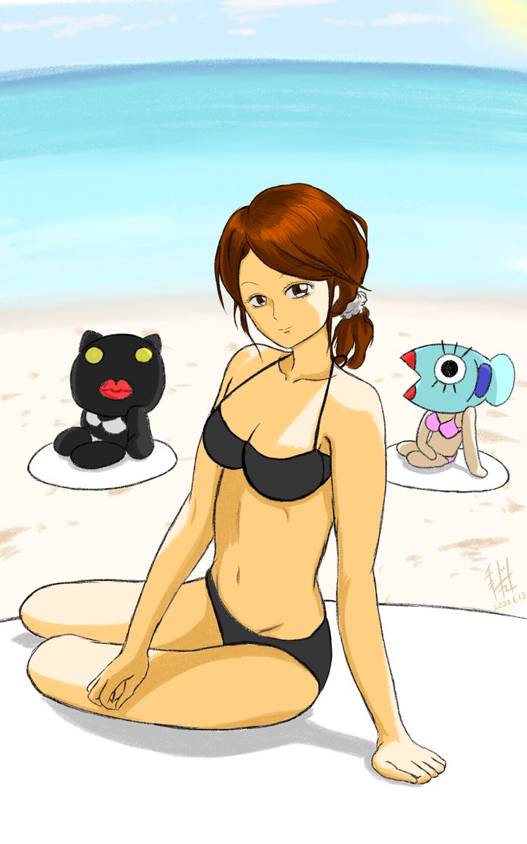 イラストレーター 仮 名前はまだ無い クロネコくんとサカナさん 浜辺で水着撮影 イラスト 猫 魚 美女 絵描きさんとつながりたい