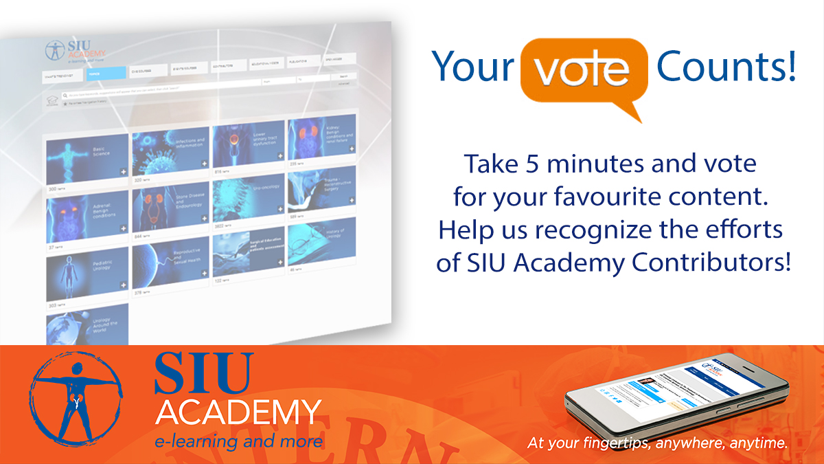 Time’s running out! Let us know what #SIUAcademy content was the most relevant to you in 2019. Don’t miss this opportunity to recognize contributors’ efforts: ow.ly/L1mf50A6uji
<a href="/faysal_a_yafi/">Faysal A. Yafi, MD FRCSC</a> <a href="/pcvblack/">Peter Black</a> <a href="/SiTanguay/">Simon Tanguay</a> @CentroUretra
<a href="/NavyUrology/">Jack Zuckerman</a> <a href="/JulianStruck/">Julian Struck</a> <a href="/peterchiu_uro/">Peter Ka-Fung CHIU</a>