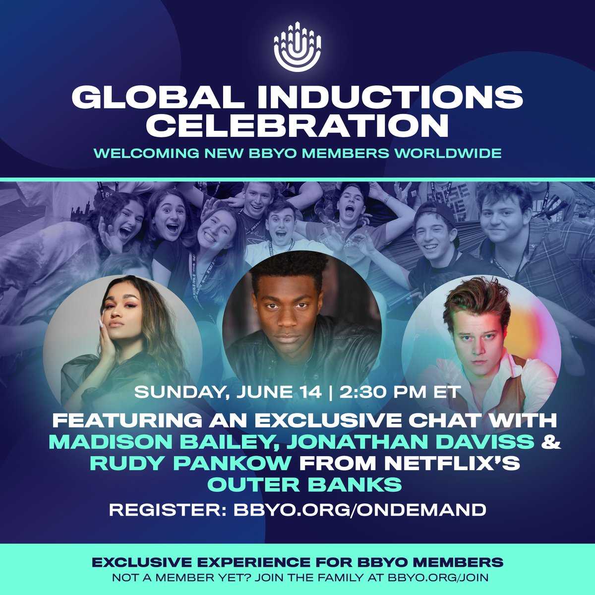 GLOBAL INDUCTIONS are this Sunday!🌎 And we’ve got some VERY special guests joining us from Netflix’s Outer Banks at this exclusive members-only event! If you're not a member, now's the time to join... once you do, register here to tune in: bbyo.org/ondemand <a href="/obxonnetflix/">Outer Banks Fans</a>