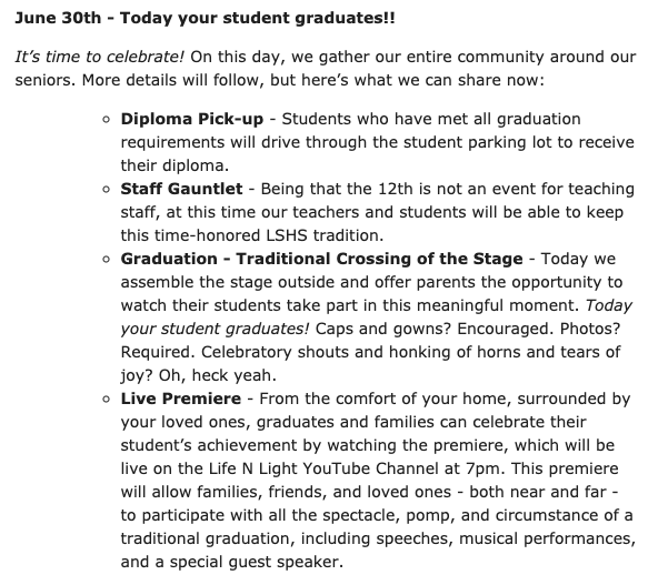 Congratulations to the LSHS of 2020! Today was "Production Day." In their caps and gowns, seniors were individually photographed and video recorded with their diploma covers. The premiere and graduation are June 30. #lshs2020seniors #Classof2020