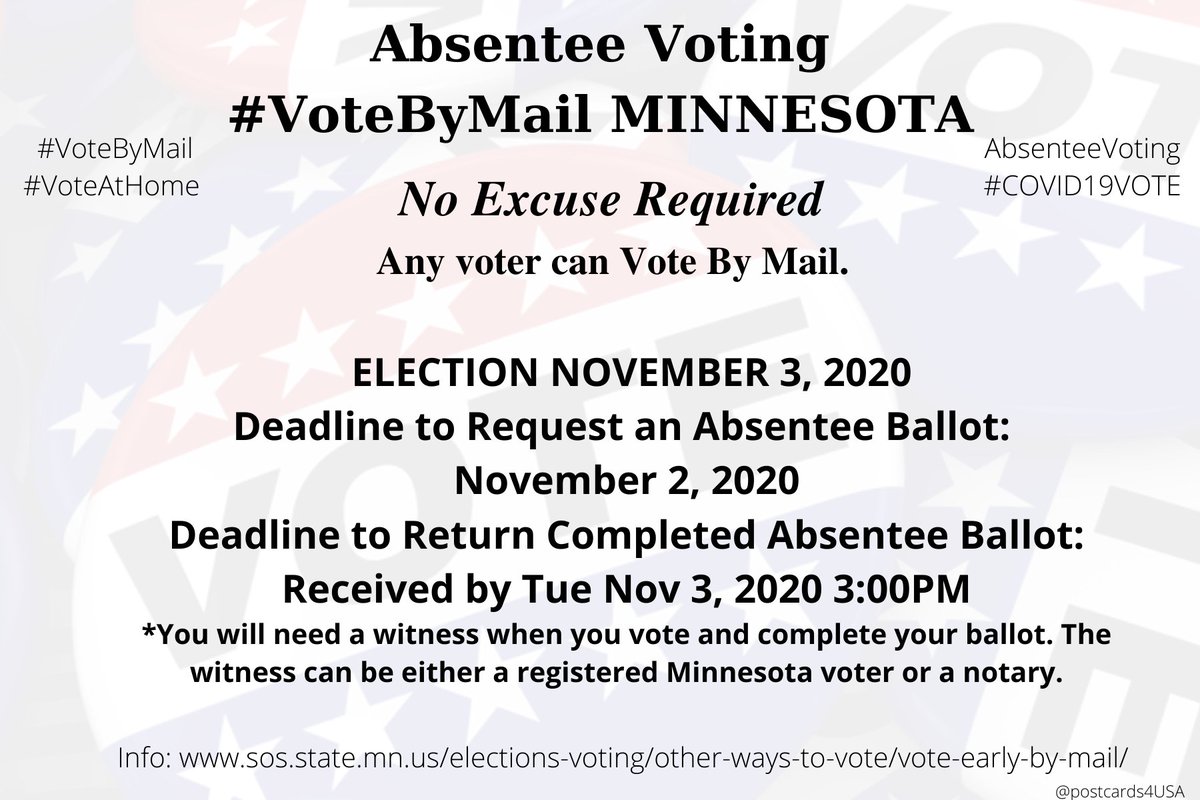 MINNESOTA  #MN  #VoteByMailApplication  https://sos.state.mn.us/media/2444/english-regular-absentee-ballot-application.pdfInfo  https://sos.state.mn.us/elections-voting/other-ways-to-vote/vote-early-by-mail/County Election Offices  https://sos.state.mn.us/elections-voting/find-county-election-office/ #AbsenteeVoting  #DemCastMN THREAD  #PostcardsforAmerica  @WatchYourRepsMN