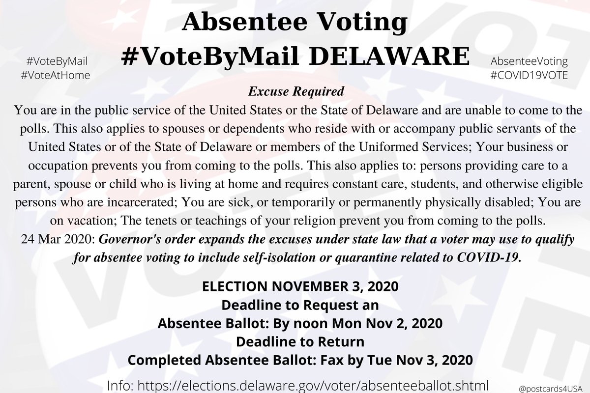 DELAWARE  #DE  #VoteByMailApplication printable  https://elections.delaware.gov/pubs/pdfs/absentee_ballot_application.pdfOnline  https://ivote.de.gov/voterview Info  https://elections.delaware.gov/voter/absenteeballot.shtmlMore info Email: absenteesc@delaware.gov https://elections.delaware.gov/pubs/pdfs/AbsenteeVoting_CantGoToThePolls.pdfCounty Office addresses  https://elections.delaware.gov/locations.shtml  #AbsenteeVoting  #DemCastDETHREAD
