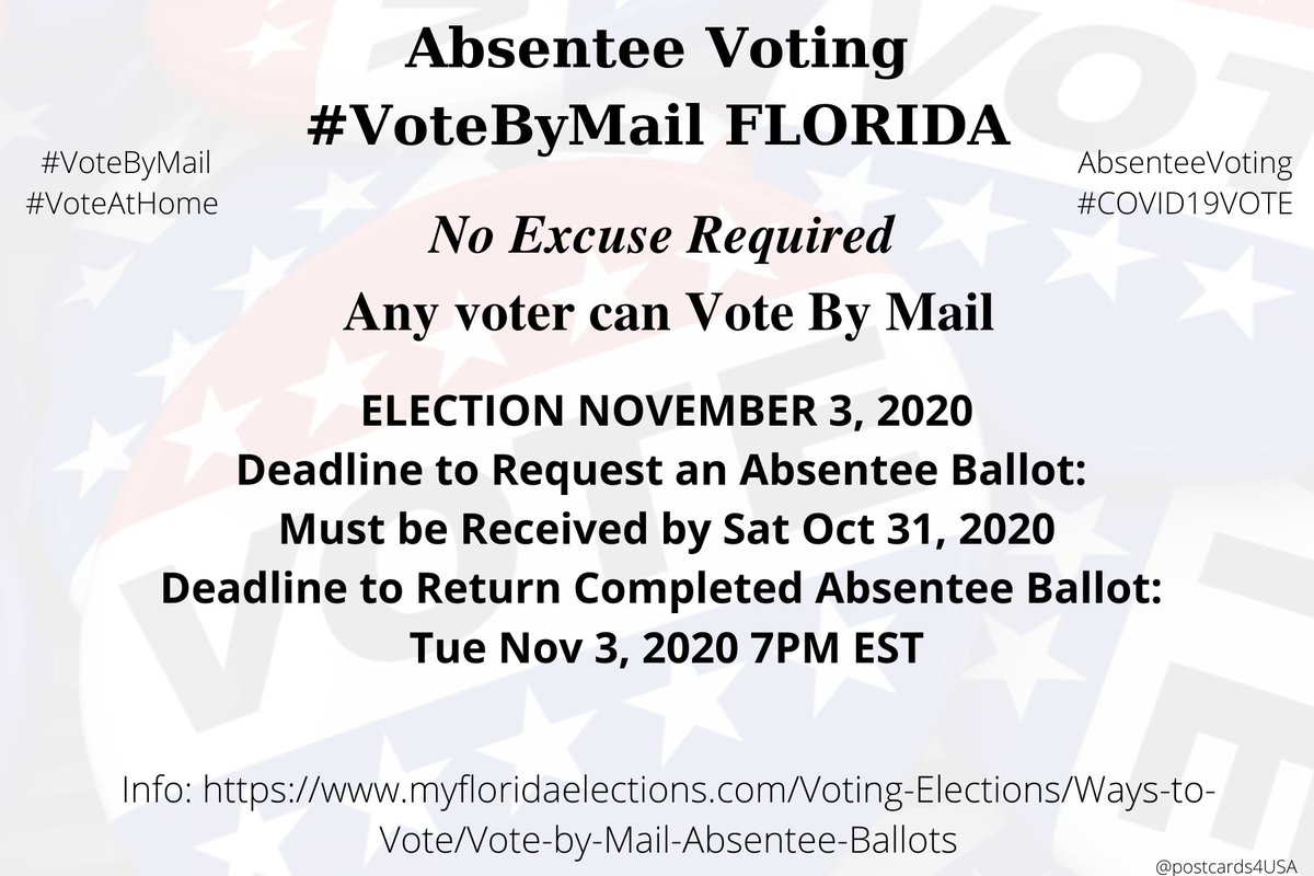FLORIDA  #FL  #VoteByMailApplication  https://www.myfloridaelections.com/Voting-Elections/Ways-to-Vote/Vote-by-Mail-Absentee-Ballots#requestCounty Election Supervisors  https://www.myfloridaelections.com/Contact-your-SOEInfo  https://www.myfloridaelections.com/Voting-Elections/Ways-to-Vote/Vote-by-Mail-Absentee-Ballots #AbsenteeVoting  #DemCastFLTHREAD #PostcardsforAmerica