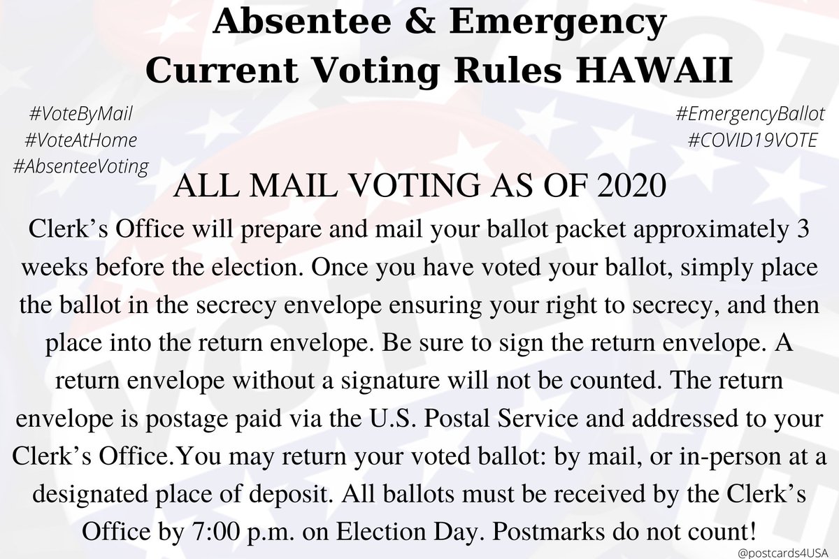 HAWAII  #HI All  #VoteByMail #AbsenteeVoting  #DemCastHIClerk’s Office will prepare and mail your ballot packet approximately 3 weeks before the election.Clerks here:  https://elections.hawaii.gov/resources/county-election-divisions/THREAD OF ALL 50 STATES #PostcardsforAmerica