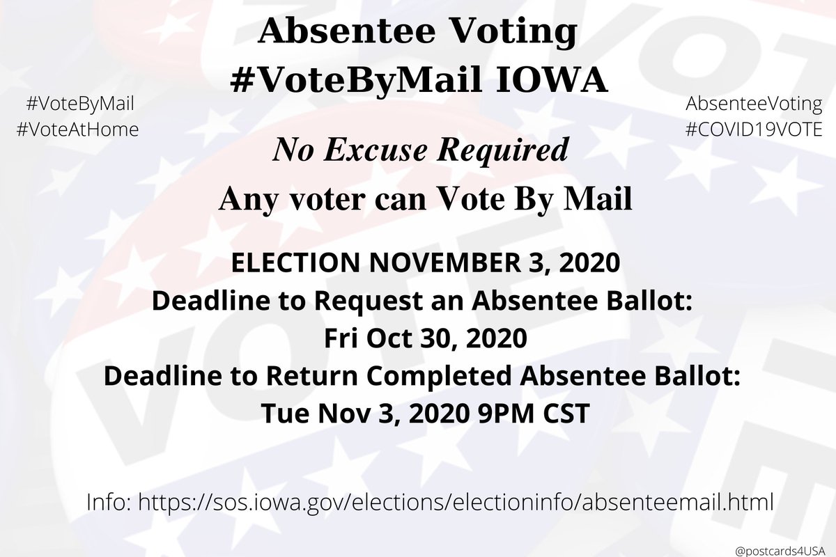 IOWA  #IA  #VoteByMailApplication  https://sos.iowa.gov/elections/pdf/absenteeballotapp.pdfInfo  https://sos.iowa.gov/elections/electioninfo/absenteemail.htmlCounty Auditors  https://sos.iowa.gov/elections/auditors/auditorslist.html #AbsenteeVoting  #DemCastIA THREAD #PostcardsforAmerica
