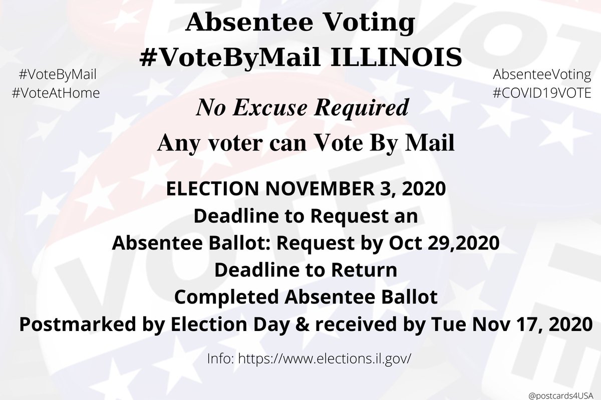 ILLINOIS #IL#VoteByMailApplication  https://www.elections.il.gov/ElectionOperations/VotingByMailAgreement.aspxInfo  https://www.elections.il.gov/DocDisplay.aspx?Doc=Downloads/ElectionOperations/PDF/VoteByMail.pdfCounty Election Authorities  https://www.elections.il.gov/ElectionOperations/ElectionAuthorities.aspx?MID=cQHxtxVEmuo%3d&T=637197165521739416 #AbsenteeVoting  #DemCastIL THREAD #PostcardsforAmerica