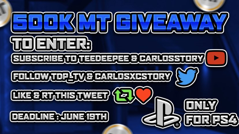 CarlosxcStory's tweet photo. 🚨MT GIVEAWAY🚨 
@TDP_TV and I are running a 500k MT giveaway. To enter make sure to like and retweet this tweet and be subscribed to both of our channels. Make sure to subscribe to TDP since he'll be picking the winners!  https://t.co/p6MPPnZof3 https://t.co/bZgx7fF6GZ https://t.co/3Cdhdhff5Q