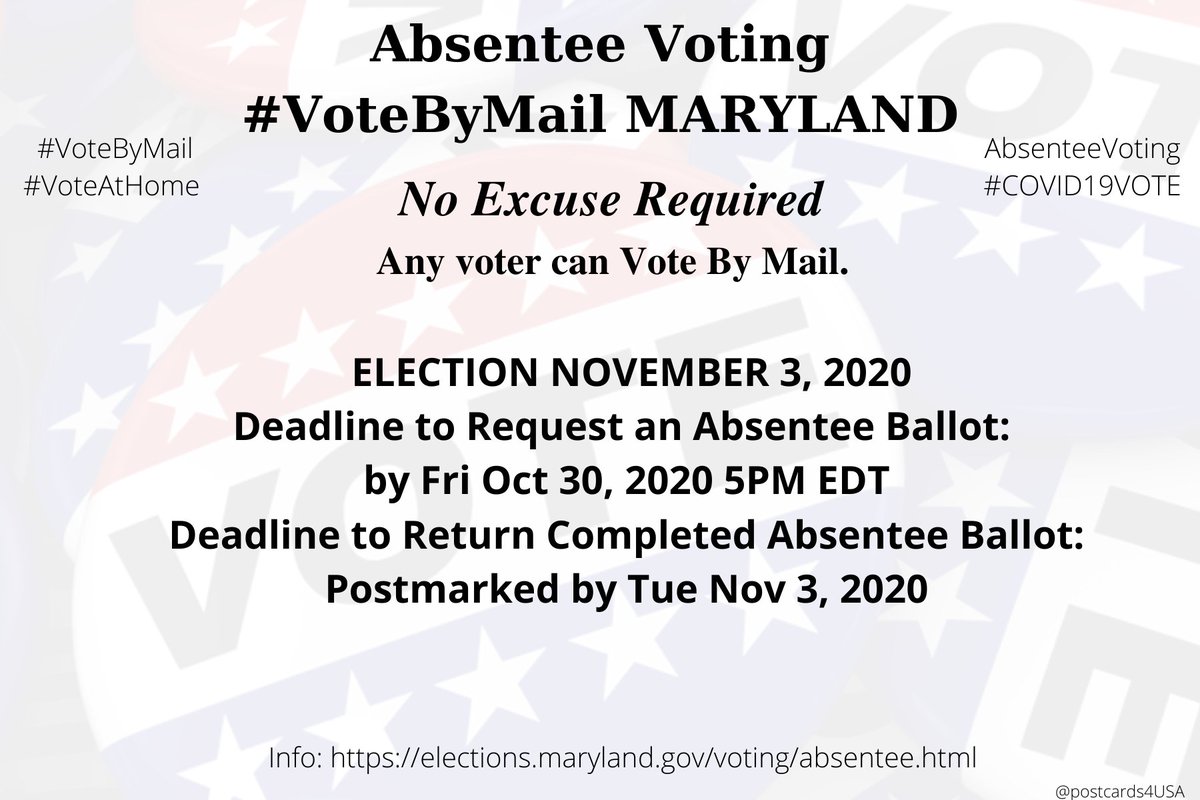MARYLAND  #MD  #VoteByMailApplication  https://elections.maryland.gov/voting/documents/Absentee_Ballot_Application_English.pdfOnline Application w/ License  https://voterservices.elections.maryland.gov/OnlineVoterRegistration/InstructionsStep1Info  https://elections.maryland.gov/voting/absentee.htmlCounty Boards of Election  https://elections.maryland.gov/about/county_boards.html*Primary Apply by May 26th Return by 8PM on June 2nd #AbsenteeVoting  #DemCastMD THREAD