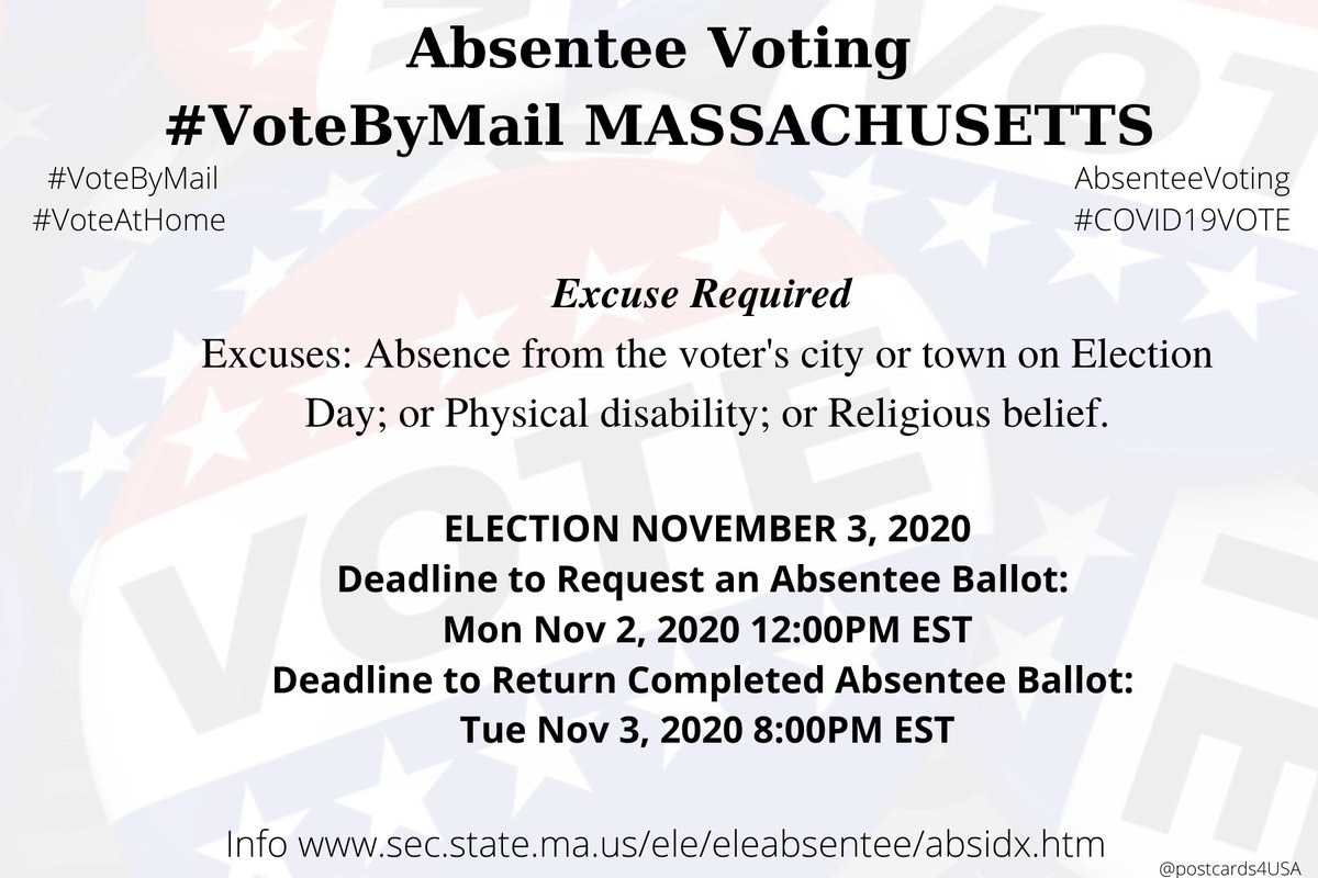 MASSACHUSETTS  #MA  #VoteByMailApplication  https://www.sec.state.ma.us/ele/elepdf/absentee/English-Absentee-Ballot-Application.pdfInfo  https://www.sec.state.ma.us/ele/eleabsentee/absidx.htm #AbsenteeVoting  #DemCastMA THREAD #PostcardsforAmerica