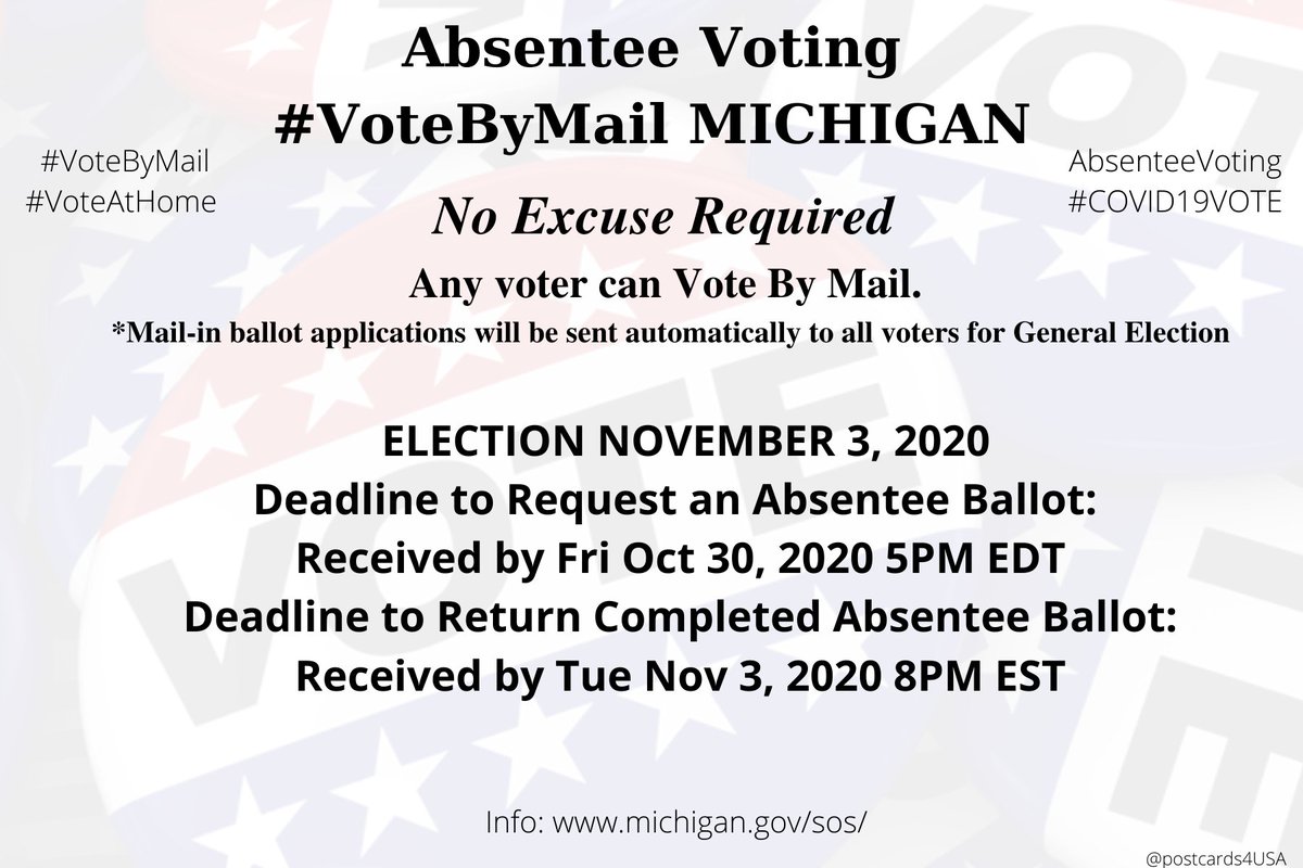 MICHIGAN  #MI  #VoteByMailInfo  https://www.michigan.gov/sos/0,4670,7-127-1633_8716_8728-21037--,00.htmlApplication  https://www.michigan.gov/documents/sos/AVApp_535884_7.pdfCounty Clerks  https://mvic.sos.state.mi.us/Clerk Emergency Ballot  https://www.michigan.gov/sos/0,4670,7-127-1633_8716_8728-34991--,00.html #AbsenteeVoting  #DemCastMI THREAD #PostcardsforAmerica