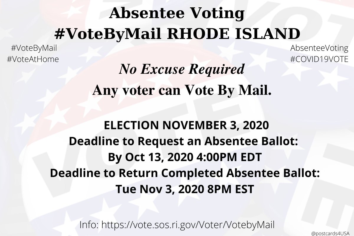 RHODE ISLAND  #RI  #VoteByMailApplication:  https://vote.sos.ri.gov/DataInformation/PublicationsInfo  https://vote.sos.ri.gov/Voter/VotebyMailBoard of Canvassers  https://vote.sos.ri.gov/Elections/LocalBoardsEMERGENCY Mail Ballot https://elections.ri.gov/voting/emergency.php*Primary postponed to June 2nd. #AbsenteeVoting THREAD