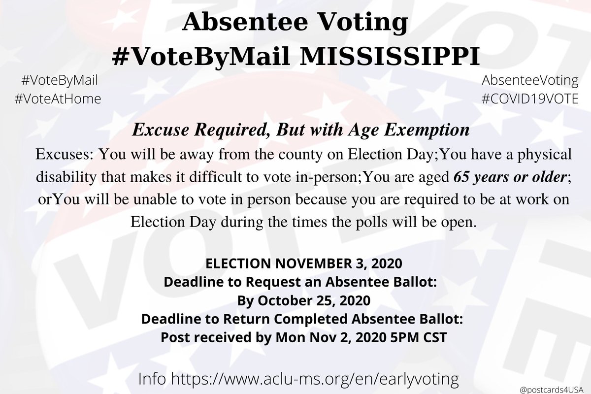 MISSISSIPPI  #MS  #VoteByMail Application  https://www.sos.ms.gov/Elections-Voting/Documents/Absentee%20Voting%20Forms17.pdfInfo  https://www.sos.ms.gov/elections-voting/documents/voterinformationguide.pdfMunicipal Clerks  http://www.mississippiclerks.com/media/1336/master-municipal-clerk-list-last-updated-8-8-19.pdfCircuit Clerks  http://mscircuitclerks.org/directory/4594202902 #AbsenteeVoting  #DemCastMS THREAD  #PostcardsforAmerica