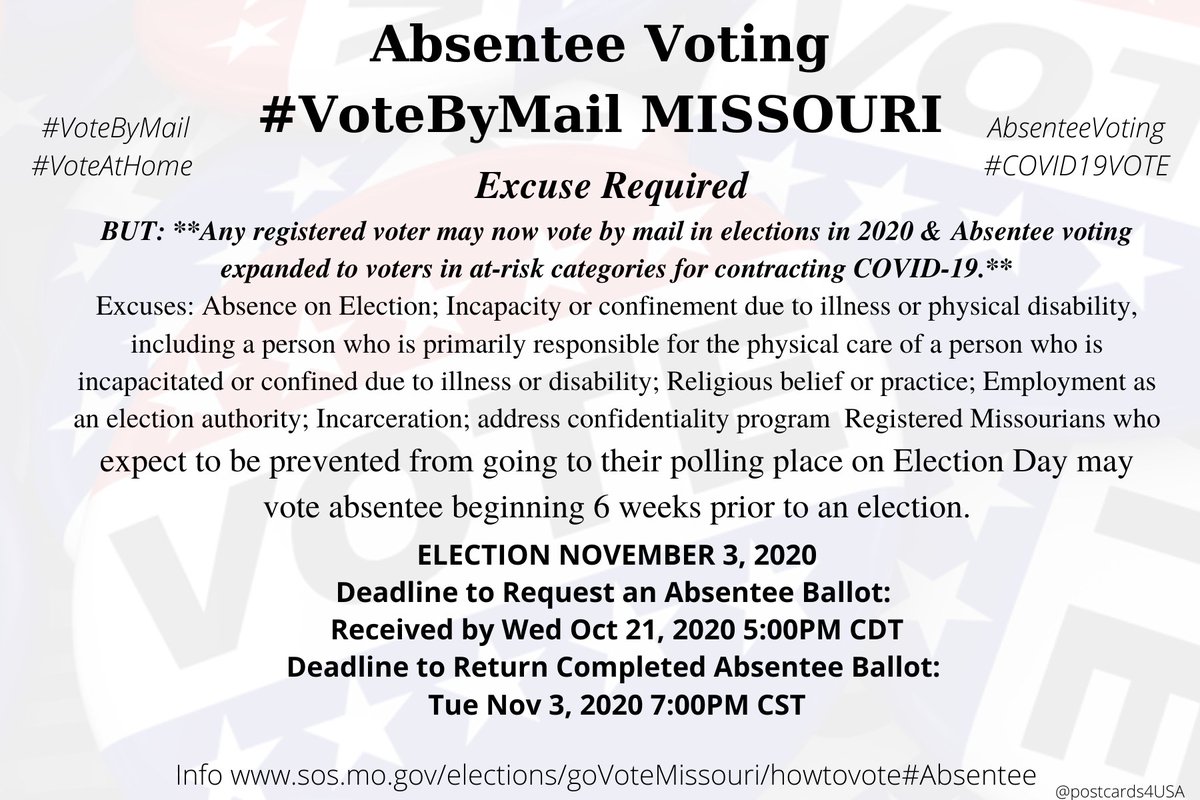 MISSOURI  #MO  #VoteByMailApplication  https://s1.sos.mo.gov/CMSImages/ElectionGoVoteMissouri/absenteerequest.pdfInfo  https://www.sos.mo.gov/elections/goVoteMissouri/howtovote#AbsenteeElection Authorities  https://www.sos.mo.gov/elections/govotemissouri/localelectionauthority #AbsenteeVoting  #DemCastMO THREAD #PostcardsforAmerica