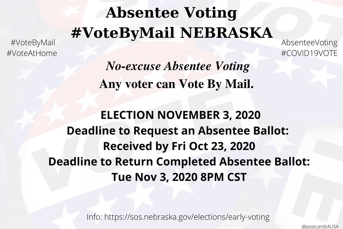 NEBRASKA  #NE  #VoteByMailApplication  https://sos.nebraska.gov/sites/sos.nebraska.gov/files/doc/elections/earlyvote_app_fill.pdfInfo  https://sos.nebraska.gov/elections/early-votingCounty Election Officials addresses  https://sos.nebraska.gov/elections/election-officials-contact-information #AbsenteeVoting  #DemCastNE THREAD  #PostcardsforAmerica