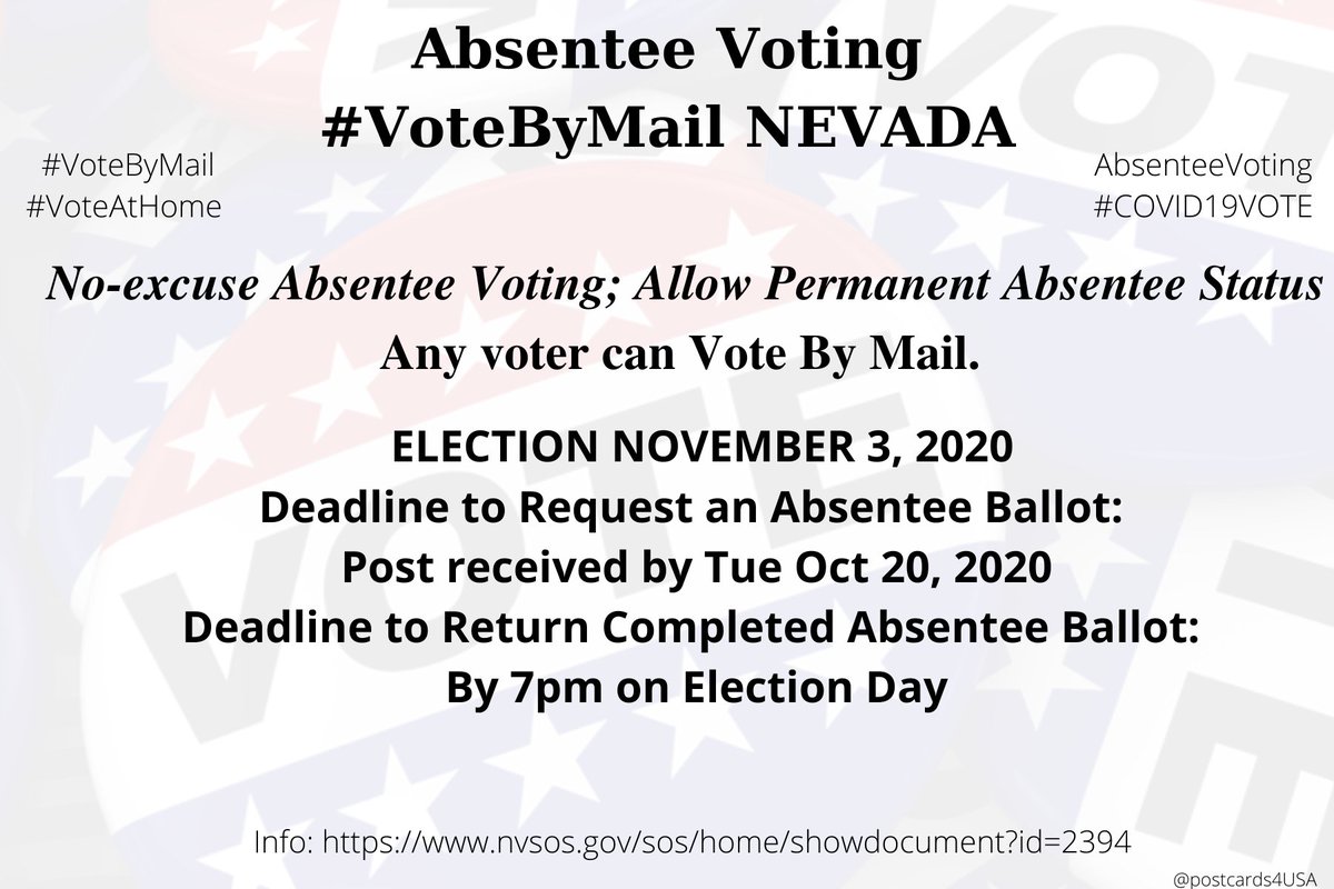 NEVADA  #NV  #VoteByMailPrimaries info here  https://www.mailitinnevada.com/ Application  https://www.nvsos.gov/sos/home/showdocument?id=8262Info  https://www.nvsos.gov/sos/home/showdocument?id=2394County Clerk  https://www.nvsos.gov/sos/elections/voters/county-clerk-contact-information #AbsenteeVoting  #DemCastNV THREAD  #PostcardsforAmerica