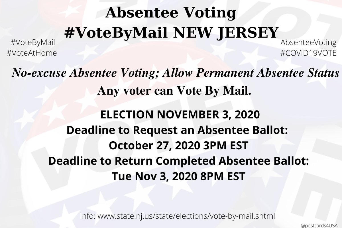 NEW JERSEY  #NJ  #VoteByMailInfo  https://www.state.nj.us/state/elections/vote-by-mail.shtmlApplications by County  https://www.state.nj.us/state/elections/county-election-officals.shtml #AbsenteeVoting  #DemCastNJ THREAD  #PostcardsforAmerica
