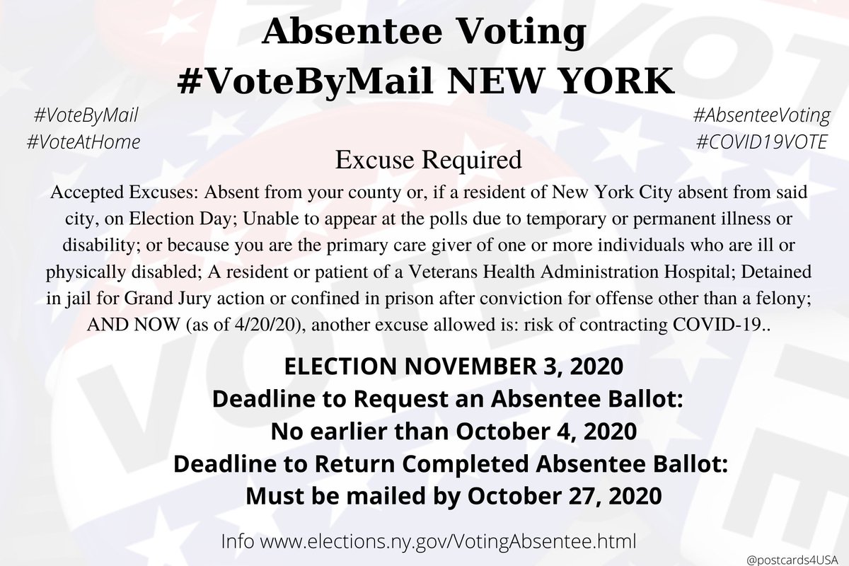 NEW YORK  #NY  #VoteByMailApplication here:  https://elections.ny.gov/NYSBOE/download/voting/AbsenteeBallot-English.pdfInfo  https://elections.ny.gov/VotingAbsentee.htmlCounty Board Addresses  https://elections.ny.gov/CountyBoards.html** PRIMARY postponed to JUNE 23; Return by postmarked by June 15 #AbsenteeVoting  #DemCastNY THREAD  #PostcardsforAmerica