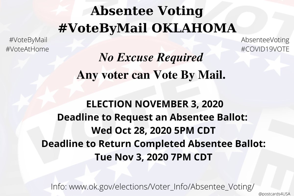 OKLAHOMA  #OK  #VoteByMailApplication  https://www.ok.gov/elections/documents/Oklahoma%20Absentee%20Ballot%20Application%20-%20fillable.pdfOnline  https://www.ok.gov/elections/OVP.htmlInfo  https://www.ok.gov/elections/Voter_Info/Absentee_Voting/County Election Boards  https://www.ok.gov/elections/About_Us/County_Election_Boards/index.html #AbsenteeVoting  #DemCastOK THREAD  #PostcardsforAmerica